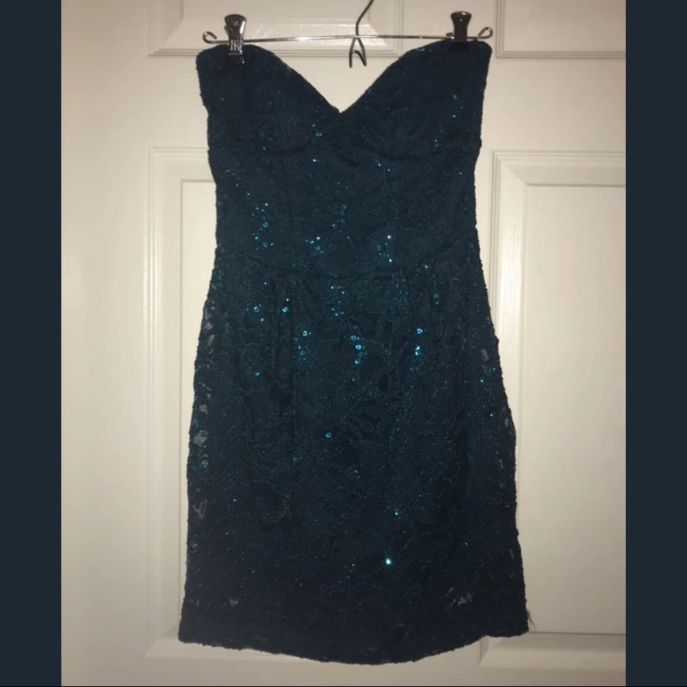 B Darlin Dark Teal Strapless Sequin Dress